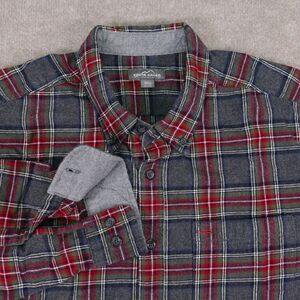 Eddie Bauer Flannel Shirt Mens 2XL Gray Red Plaid Button Up Long Sleeve